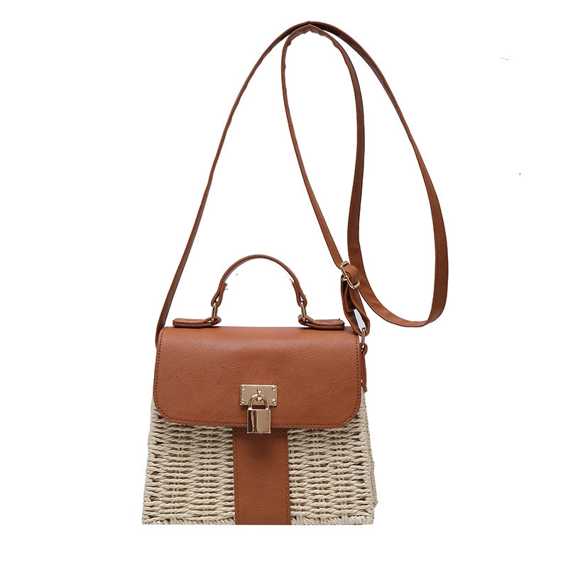 Women's Pu Leather Straw Color Block Vacation Square Lock Clasp Handbag