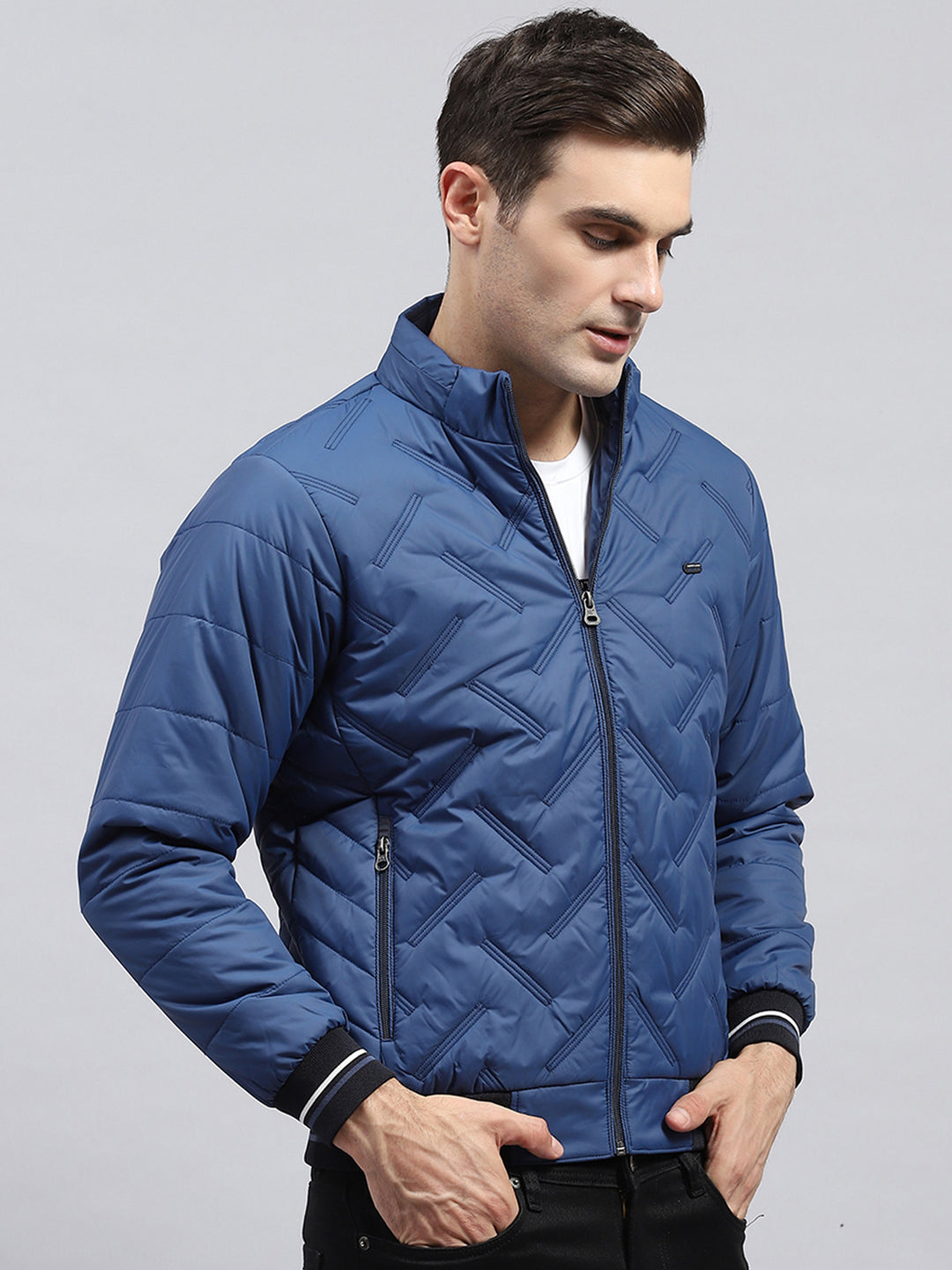 Men Blue Solid Detachable Hood Full Sleeve Jacket