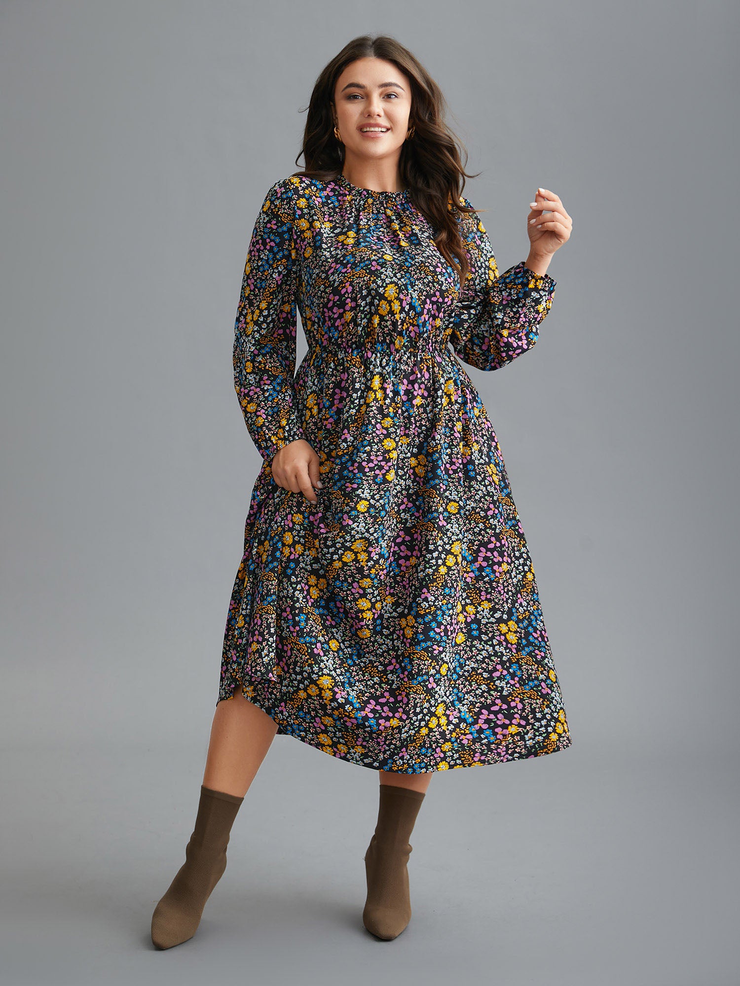 Floral Ruffles Mock Neck Elastic Waist Midi Dress