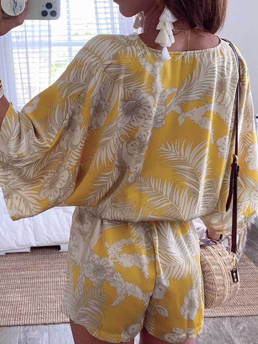 Plant Print Bat Sleeve Kimono Romper