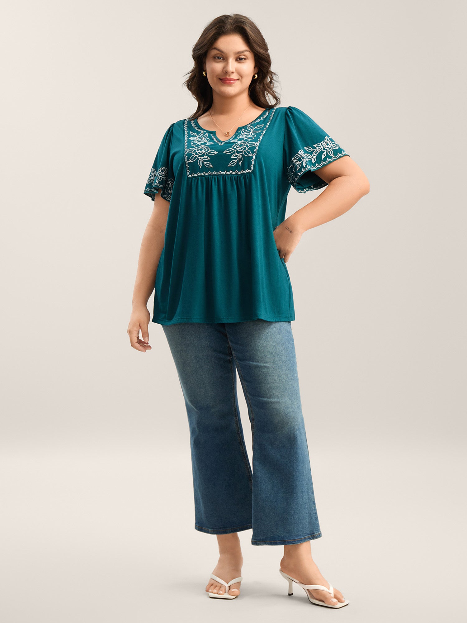 Floral Embroidery Split Neck Flowy Top