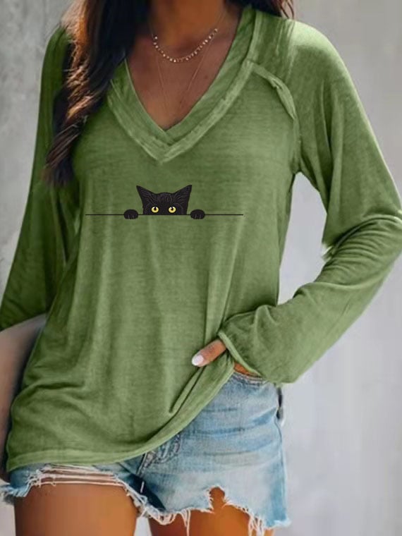 Women's Black Cat Casual V-Neck Long-Sleeve T-Shirt