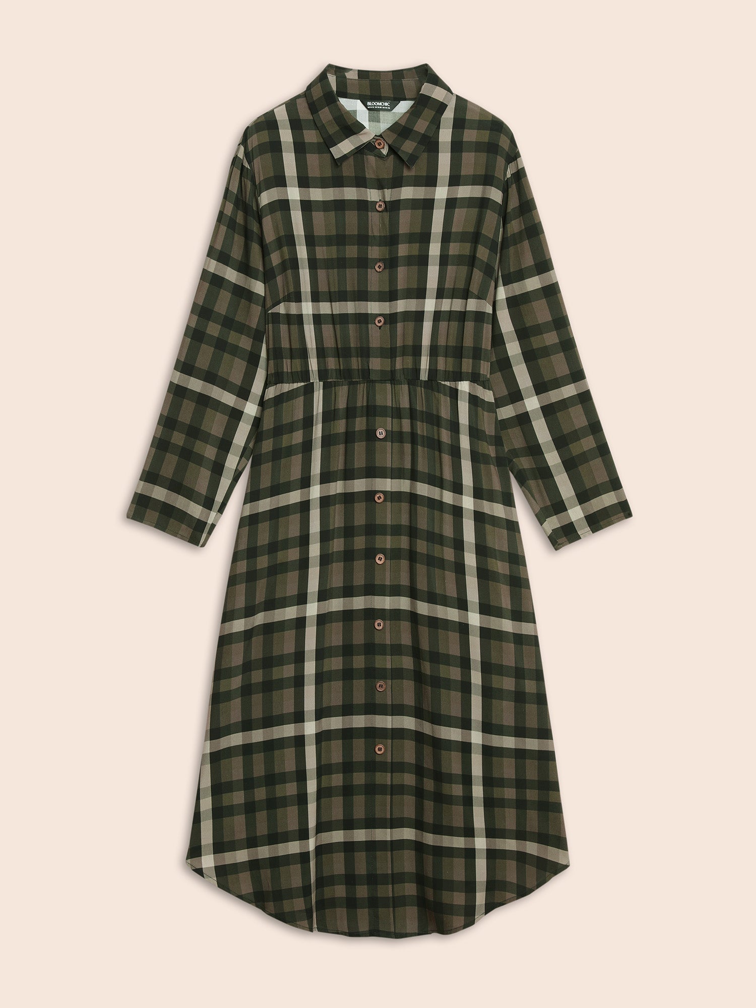 Plaid Shirt Collar Curved Hem Dress