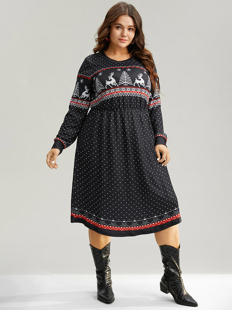 Christmas Elk Patchwork Polka Dot Pocket Dress