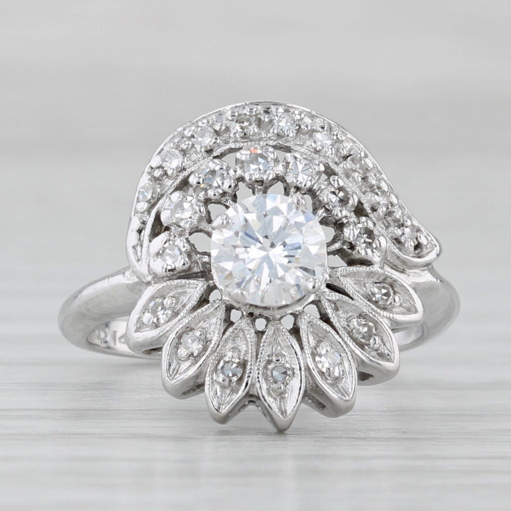 Vintage 0.64ctw Round Diamond Flower Engagement Ring 14k White Gold Size 4
