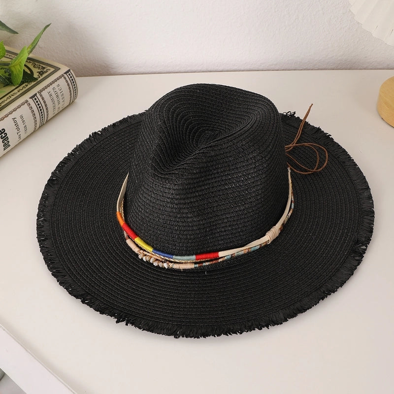 Women's Casual Vacation Beach Solid Color Beaded Big Eaves Straw Hat