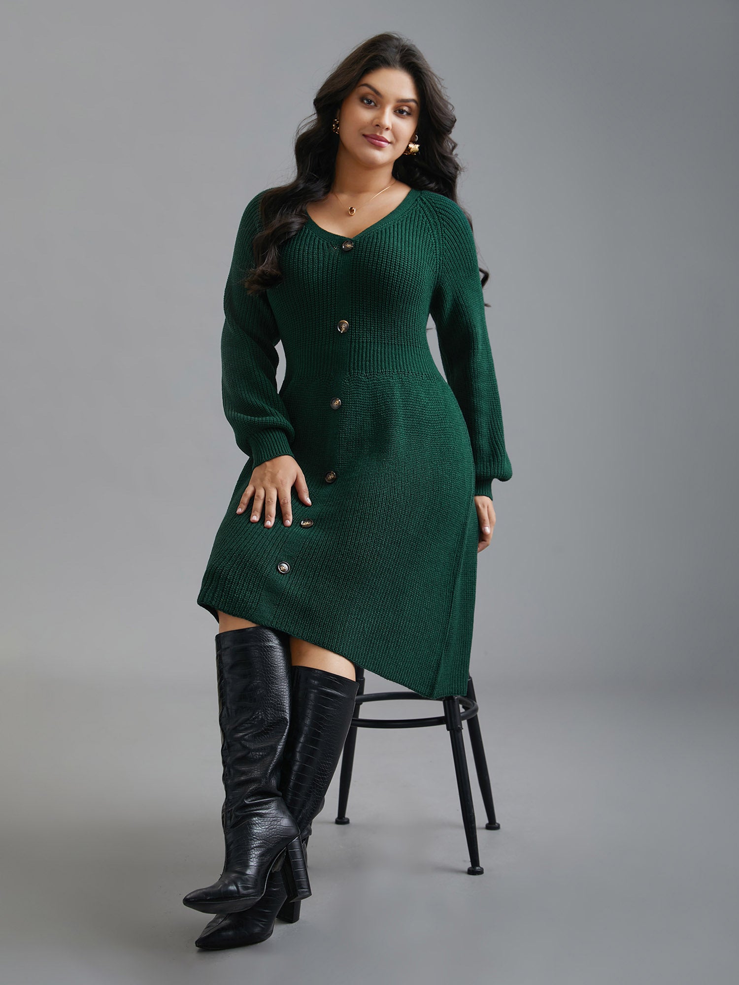 Raglan Sleeve Textured Button Detailing Dress