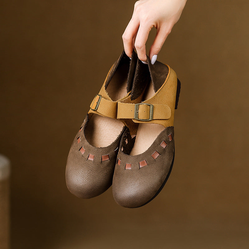 Distinctive Leather Mary Jane Flats Round Toe Buckle Strap Casual Shoes in Yellow Coffee/Yellow Brown