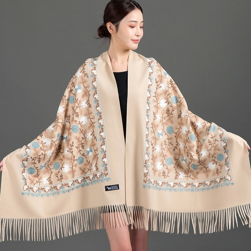 Embroidered Imitation Wool Cashmere Scarf Women's Autumn And Winter Cheongsam Air Conditioning Shawl Summer Outer Wear Multi-purpose Mother Style