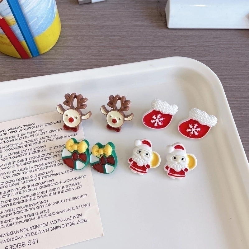 Cute Christmas Stud Earrings ~ Cartoon Santa Claus Elk Gingerbread Man Ear Clip Sweet Girl Sterling Silver Needle Earrings