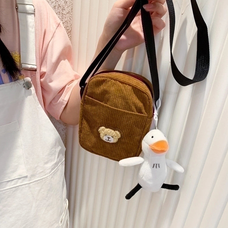 Women's Small Corduroy Bear Cute Streetwear Square Zipper Crossbody Bag