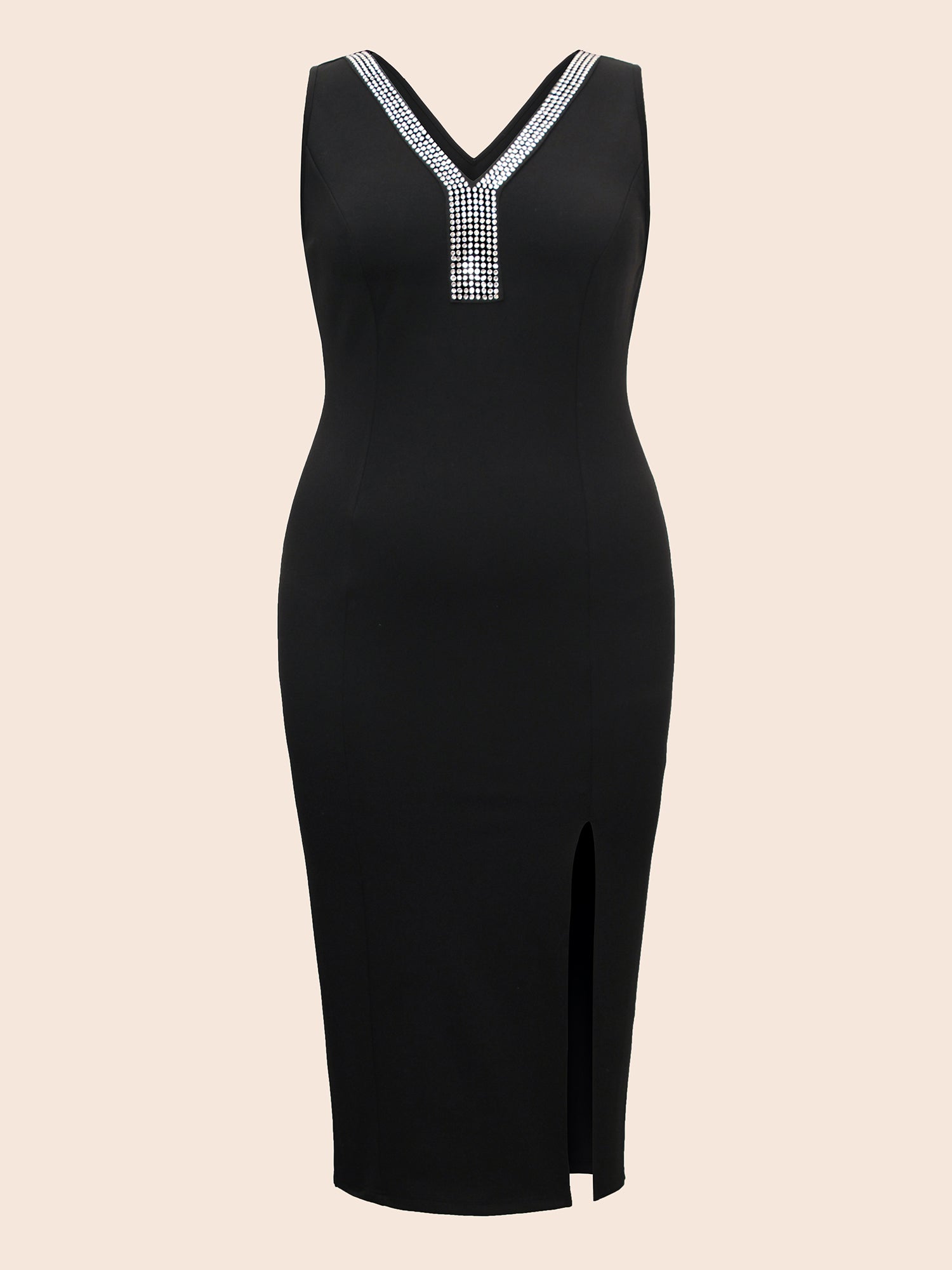 Rhinestone V Neck Split Hem Dress