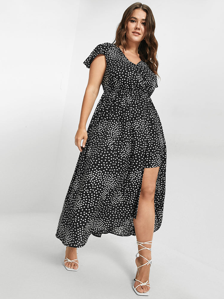 V Neck Butterfly Pattern Split Dress