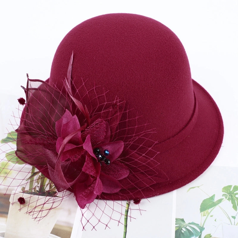 Women's Woolen Autumn And Winter New Dome Bowler Hat Female  Hepburn Style Yarn Flower Basin Hat Flat Brim Elegant Felt Hat