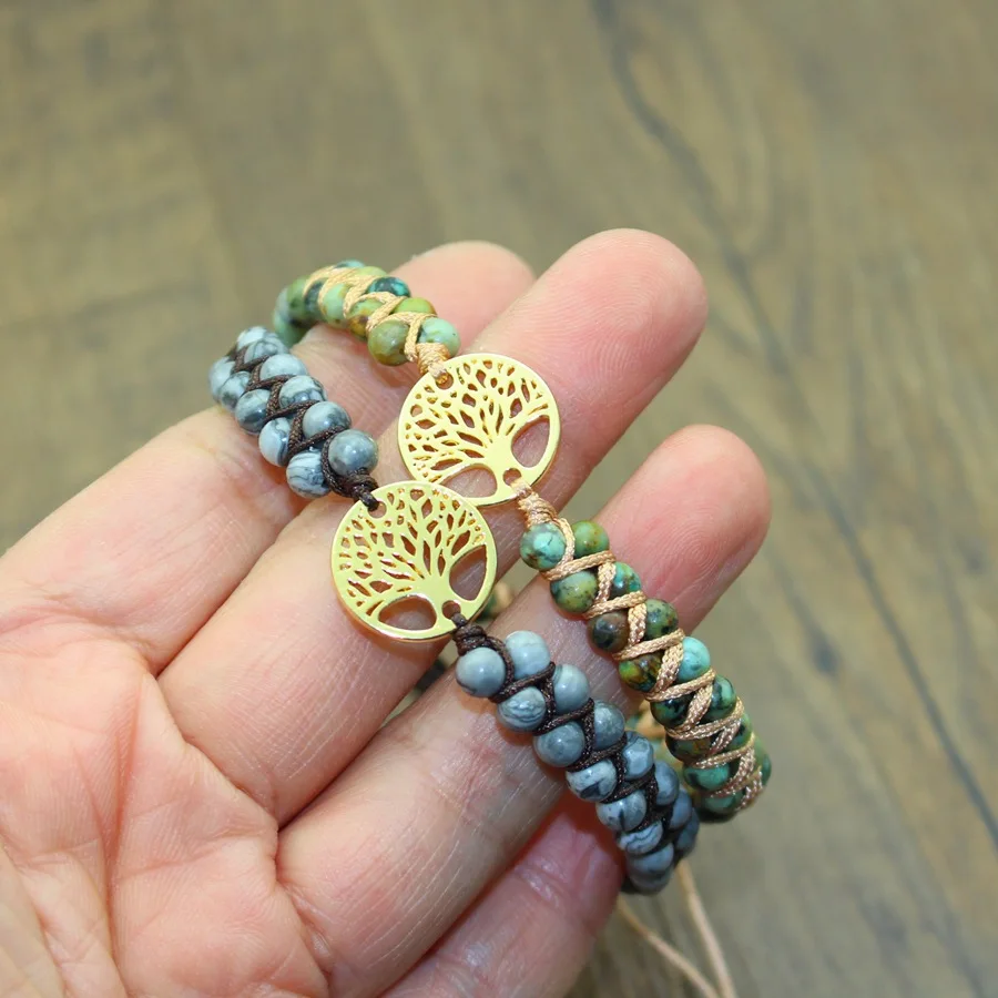 4mm Natural Stone Bracelet for Women African Turquoise Gemstone Bracelet Handwoven Tree of Life Crystal Bracelet