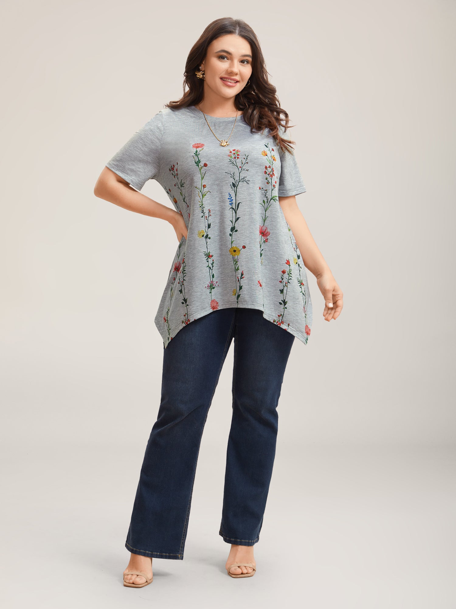 Stretchy Hi-Low Hem Floral T-Shirt