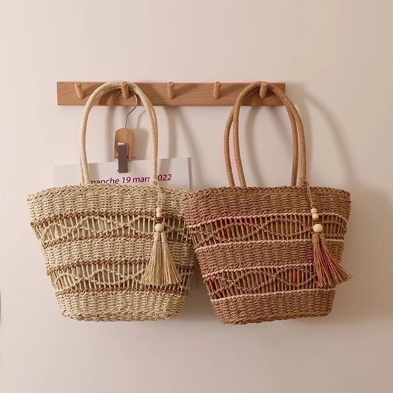 Women's Medium Straw Color Block Vintage Style Square Zipper Handbag