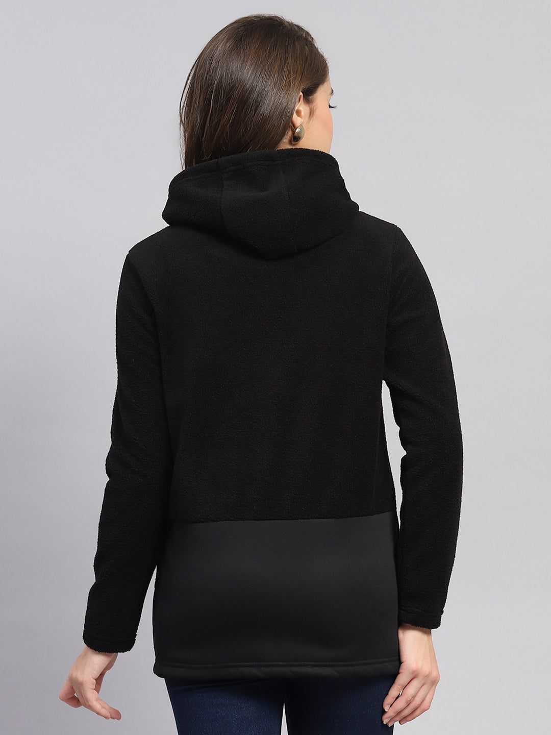 Women Black Solid Hooded Full Sleeve Sweatshirt