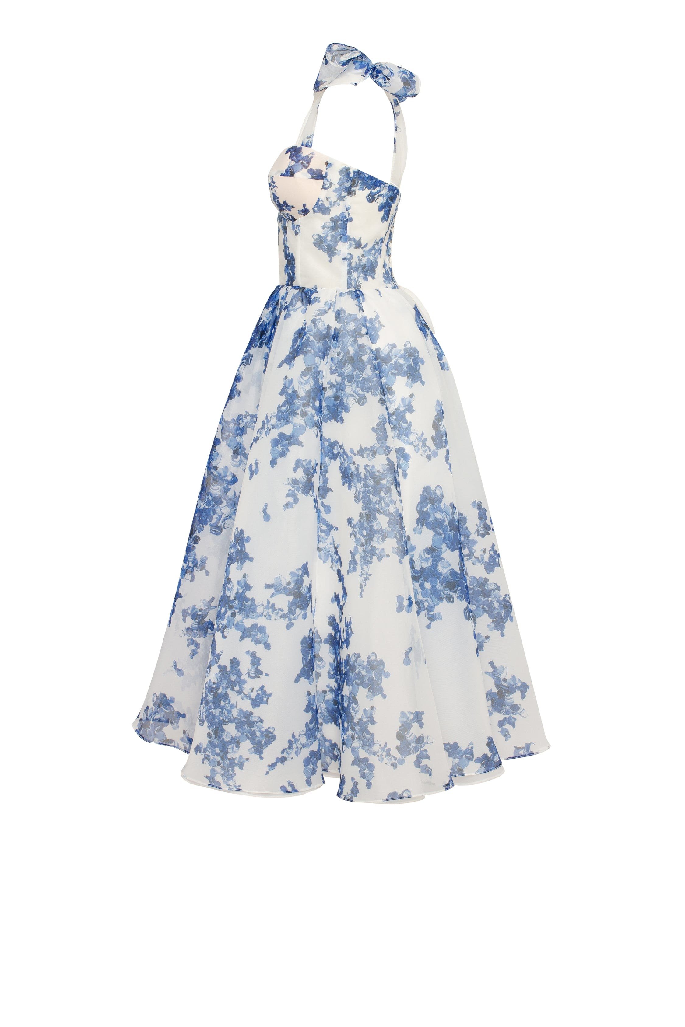 Charming blue hydrangea-patterned organza midi dress. Garden of Eden