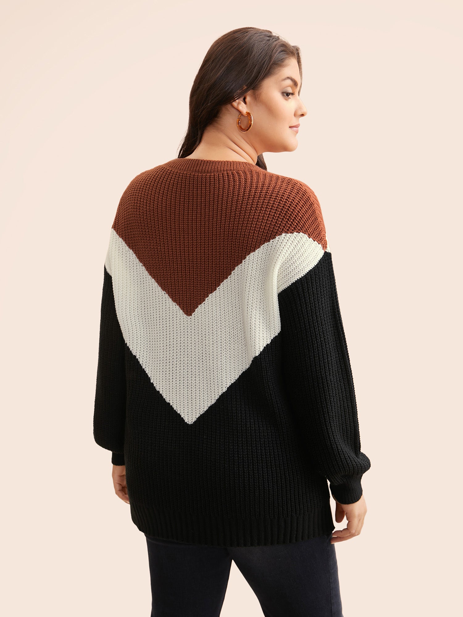 Colorblock Contrast Lantern Sleeve Pullover