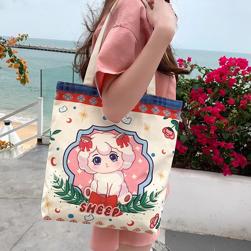 Women's Medium Canvas Cartoon Cute Square Zipper Shoulder Bag