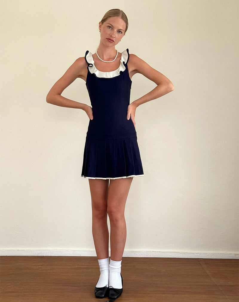 Busari Frill Neck Mini Dress in Navy