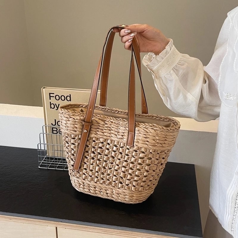 Women's Large Straw Solid Color Vacation Beach Zipper Straw Bag