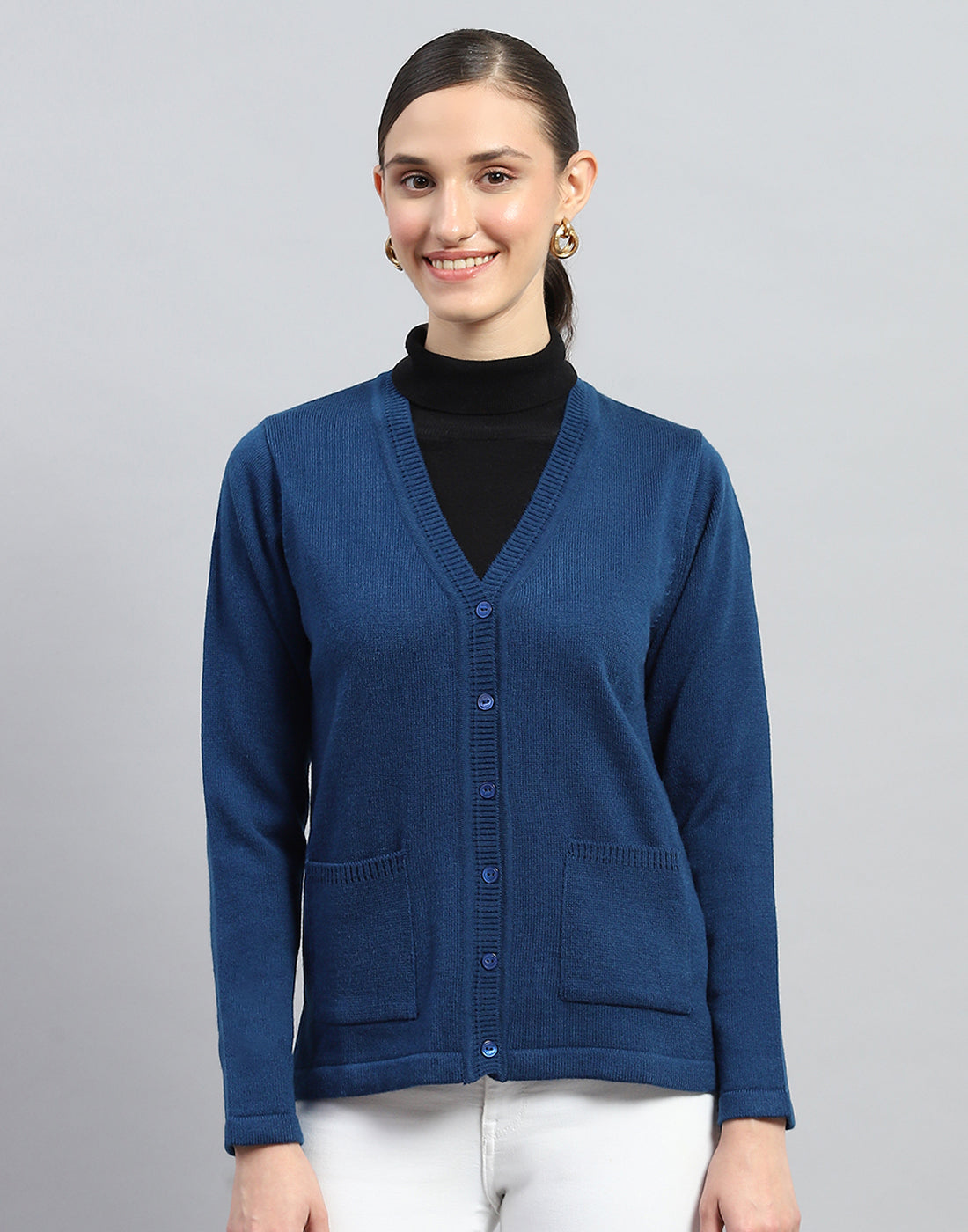 Women Blue Solid V Neck Full Sleeve Cardigan