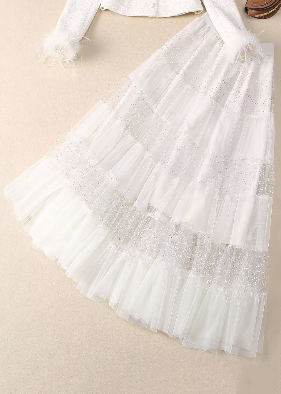 Elegant White Sequins Nail Bead Coats And Tulle Maxi Skirt Two Pieces Set Spring