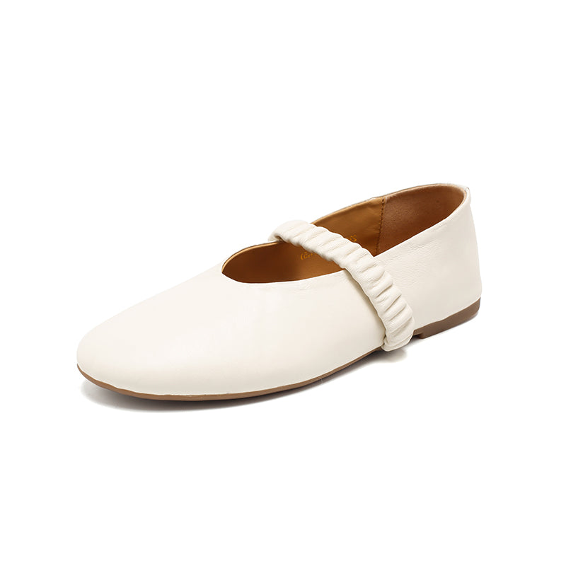 Casual Soft Sheepskin Mary Jane Flats with Elastic Strap in Khaki/Deep Brown/White/Black