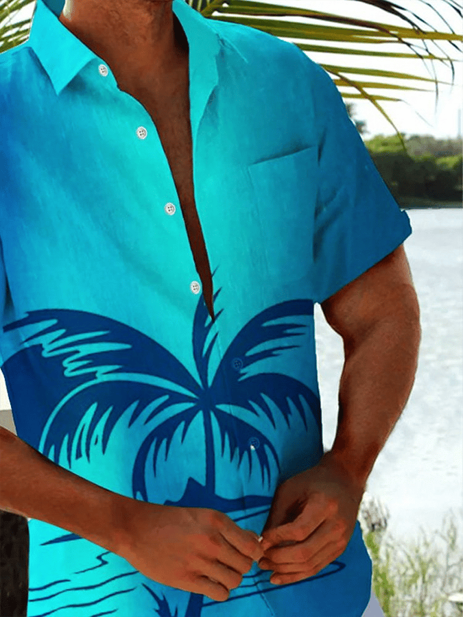 Men's Hawaiian Coconut Tree Ombre Print Pocket Shirt