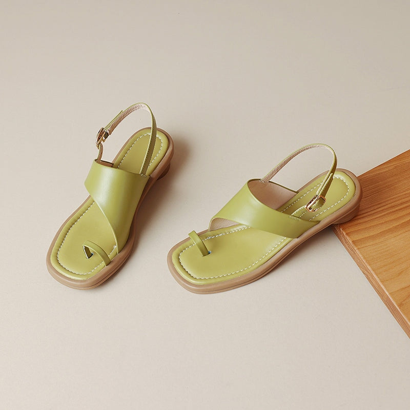 Fashion Cow Leather Toe Ring Roman Sandals with Cylinder Heel in Green/Butter Yellow