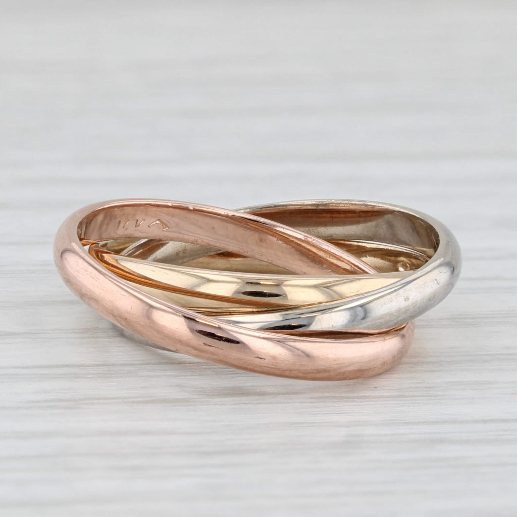Tri-Toned 3-Band Puzzle Ring 14k Yellow White Rose Gold Size 6.25