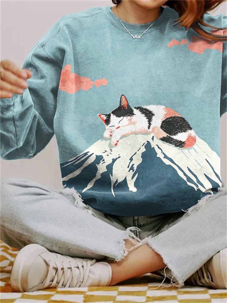 Abstract Creative Lazy Cat Sleeping On Mount Fuji Painting Art Print Sweatshirt