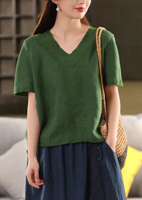 New Green V Neck Embroidered Linen T Shirts Summer