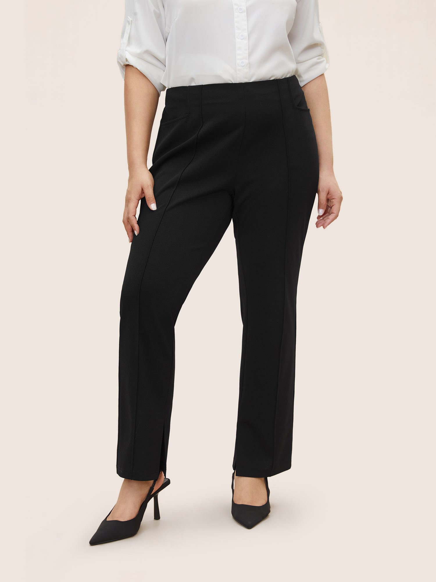 Plain Pleated Elastic Waist High Rise Pants