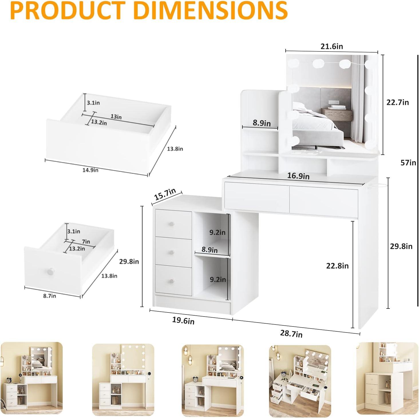 Functional White Vanity Table with 5 Drawers and Lots Storage Shelves for Women Girls