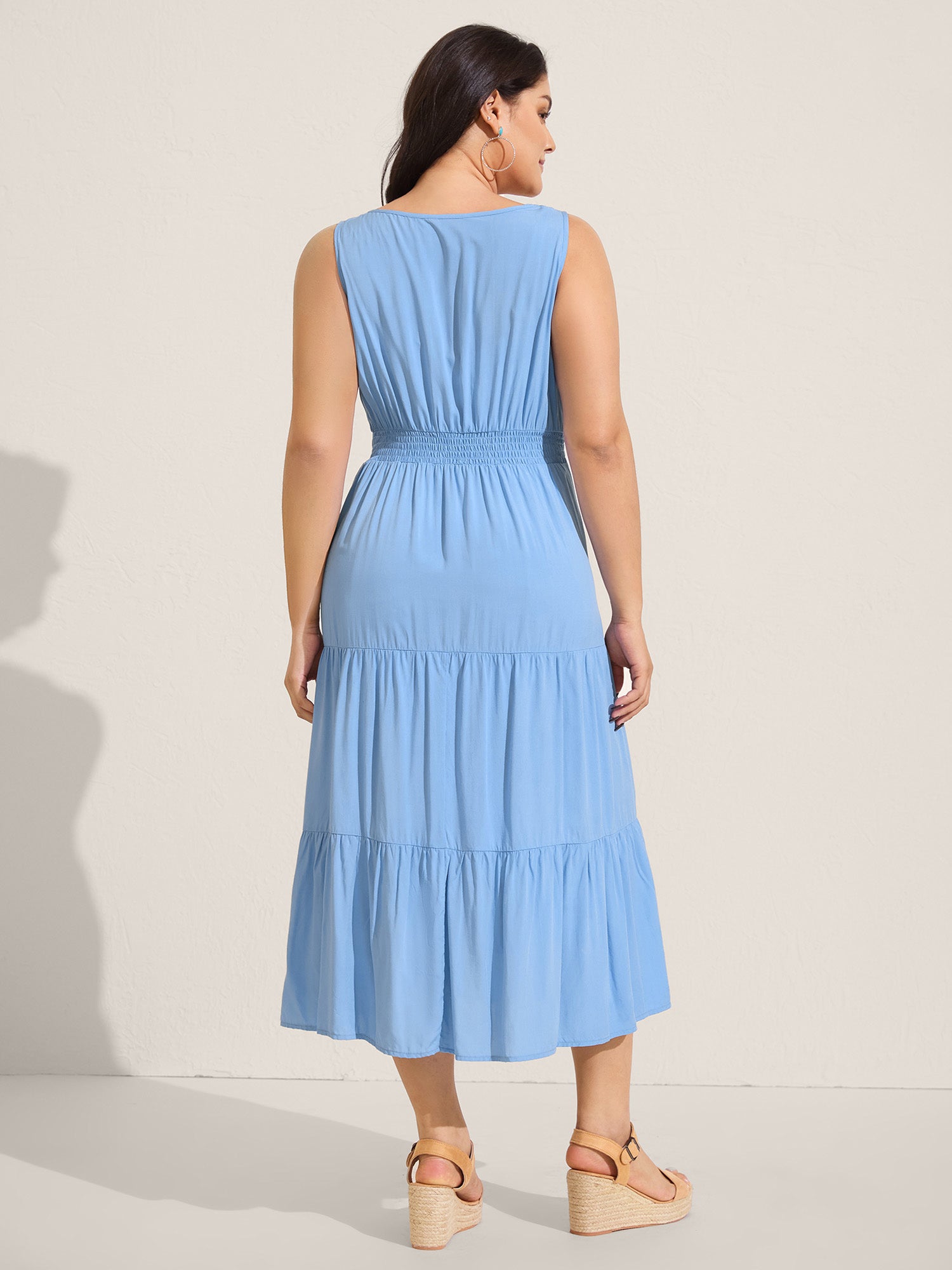 Lace Trim Neck Tie Solid Midi Dress