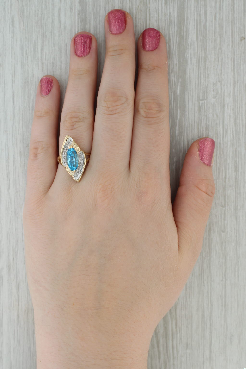 3.82ctw Marquise Blue Topaz Bypass Ring 14k Gold Diamond Accents Size 10.25