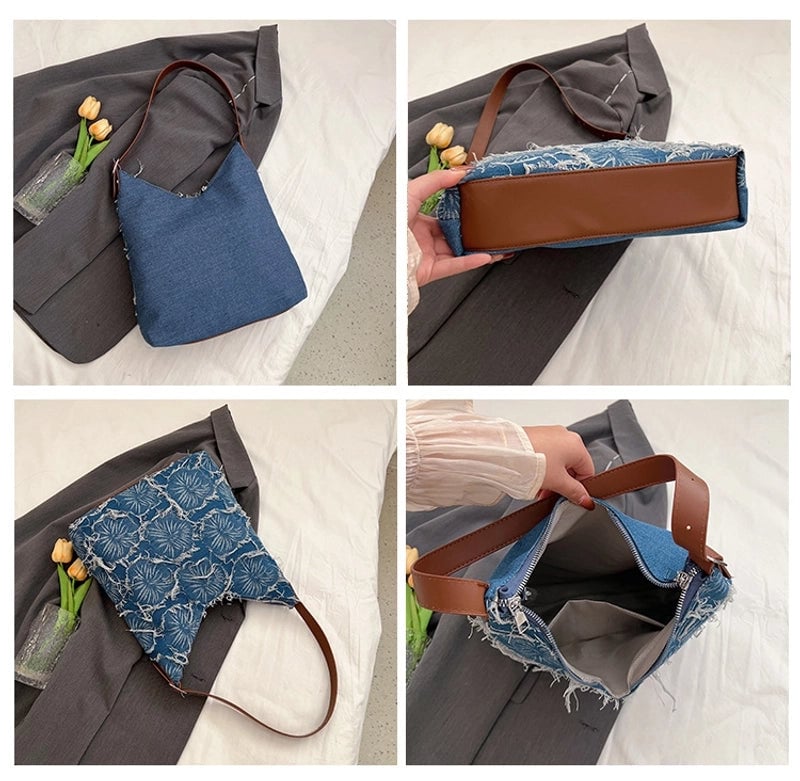 Women's Large Denim Flower Basic Square Zipper Shoulder Bag