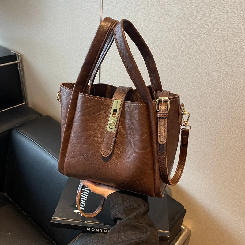 Women's Pu Leather Solid Color Basic Sewing Thread Bucket Lock Clasp Shoulder Bag Handbag Crossbody Bag