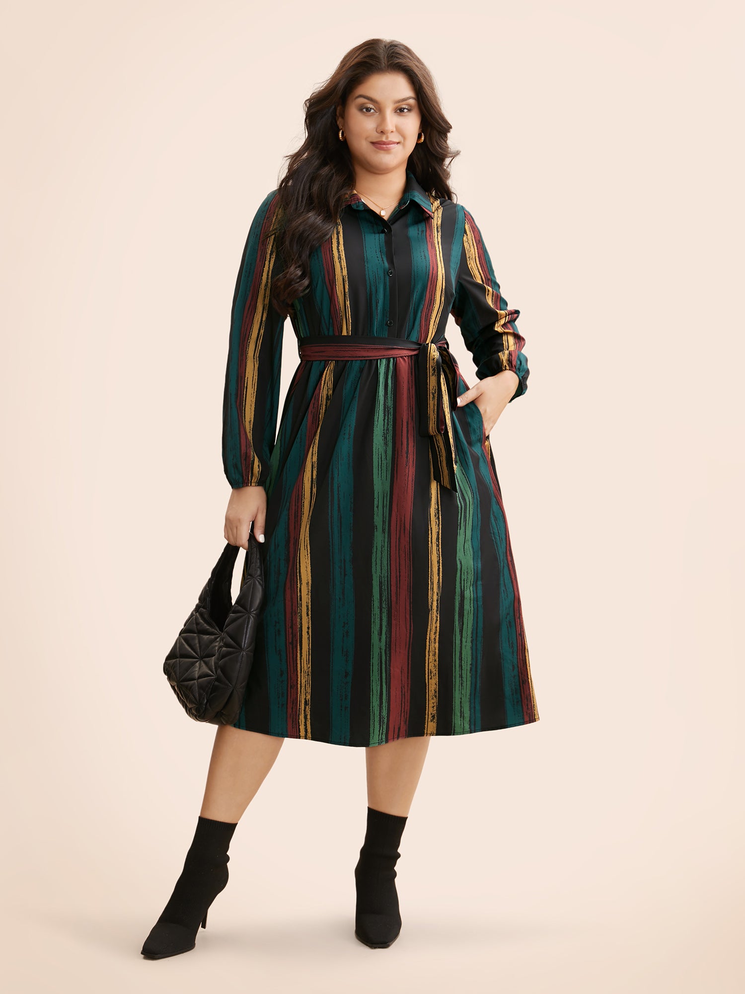 Colored Striped Belted Lantern Sleeve Dress