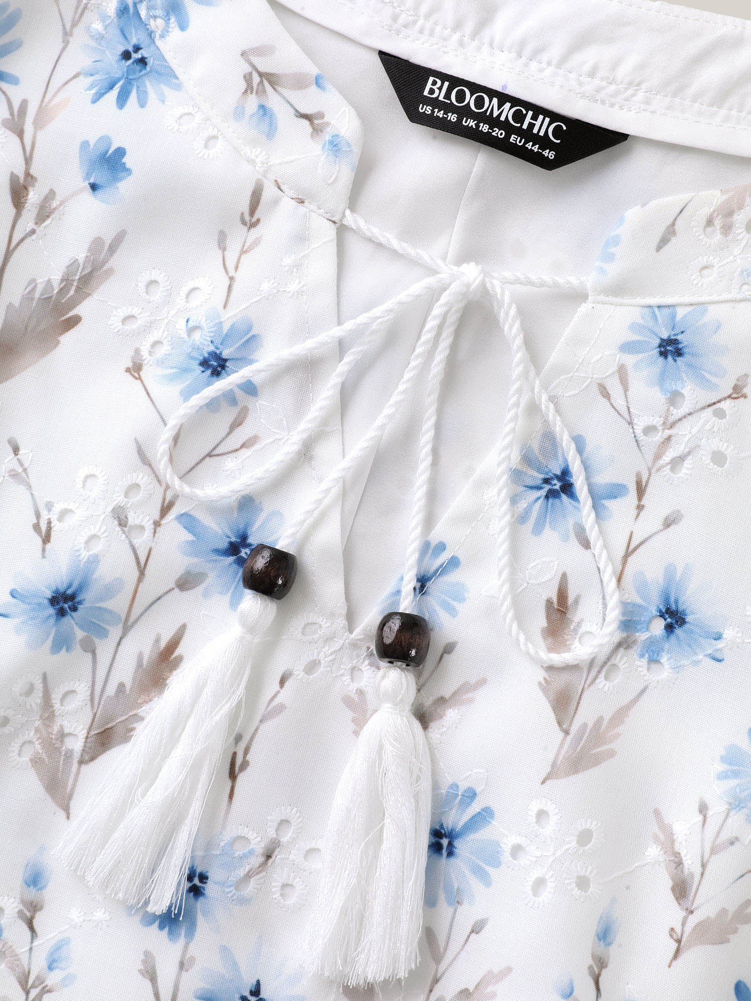 Cotton Embroidered Tassel Tie Flowy Blouse
