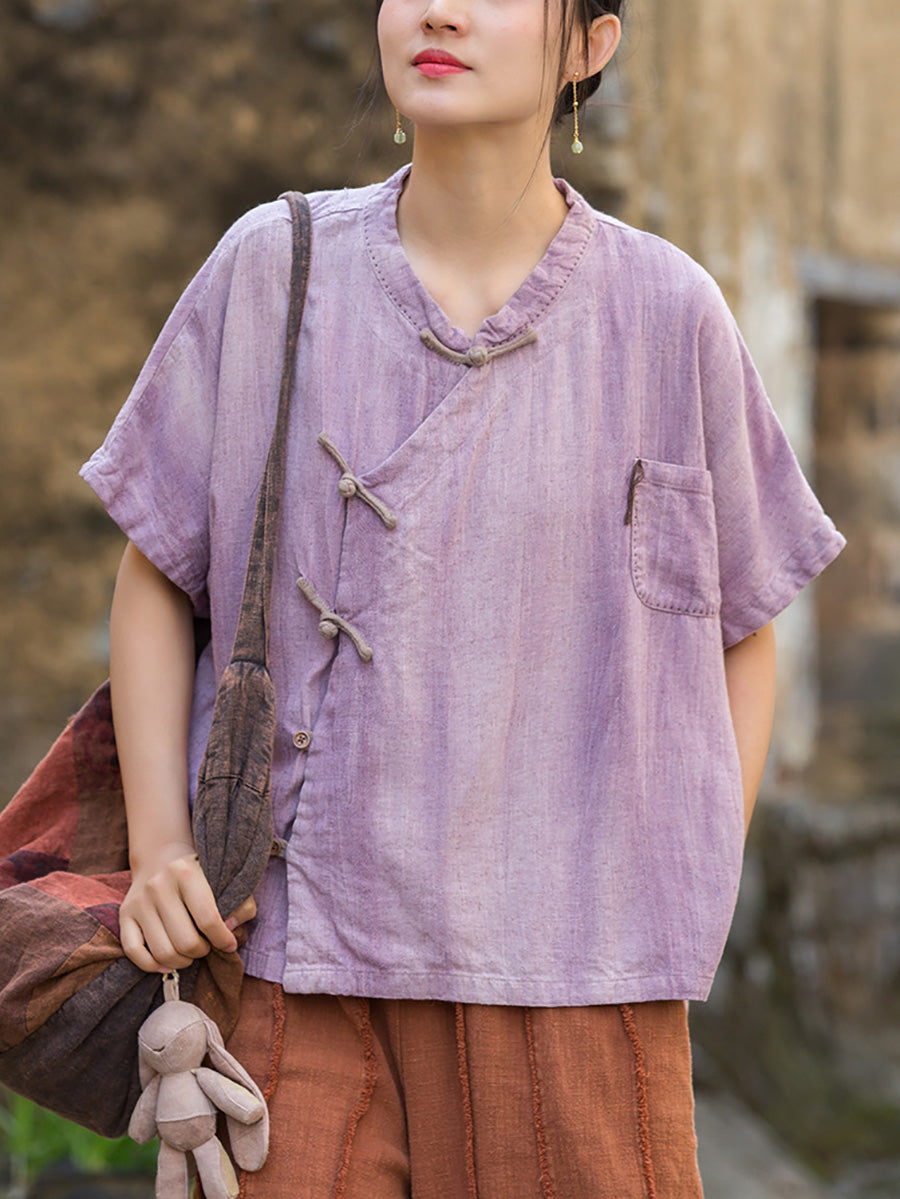 Women Summer Ethnic Pure Color Stand Collar Linen Shirt