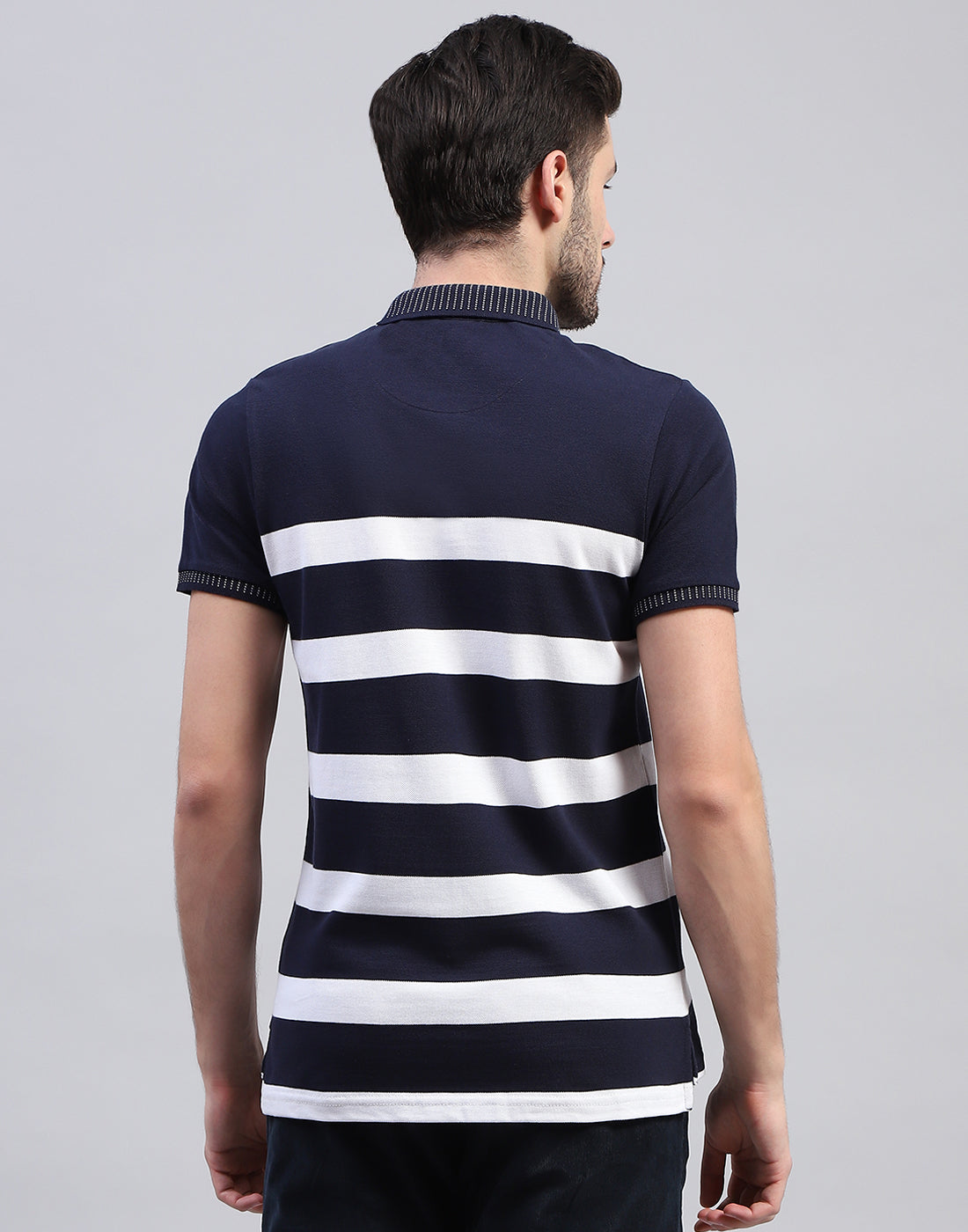 Men Navy Blue Stripe Polo Collar Half Sleeve T-Shirt