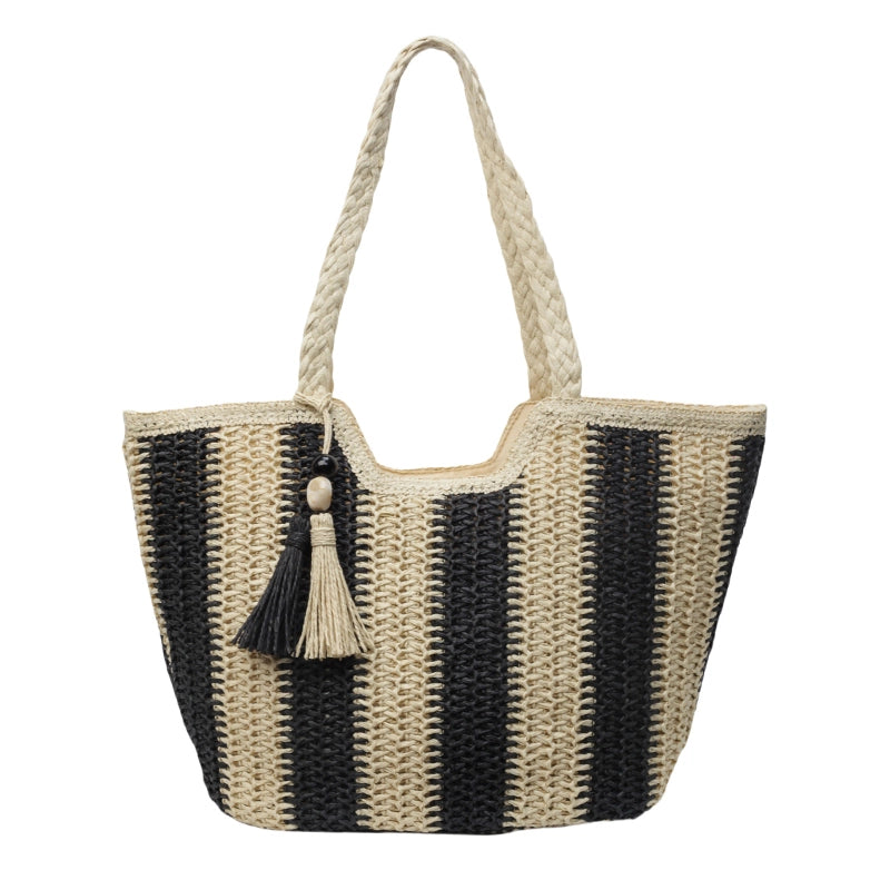 Women's Medium Straw Stripe Beach Classic Style Weave Bucket Zipper Straw Bag