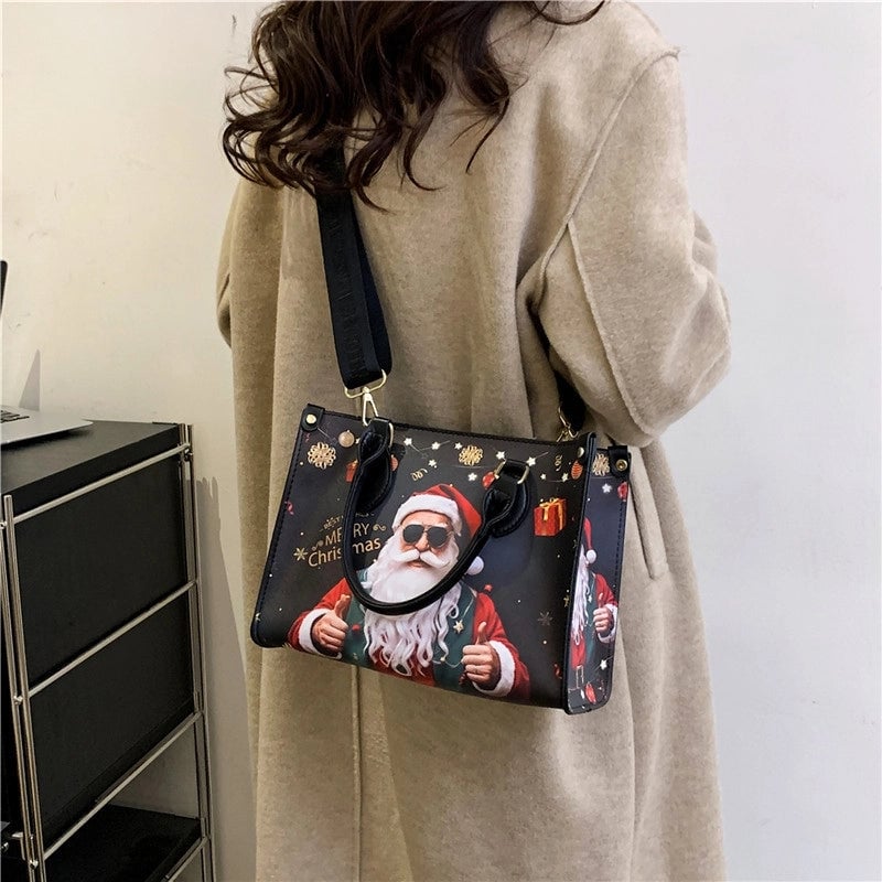 Christmas Women's Large Pu Leather Santa Claus Streetwear Square Zipper Tote Bag