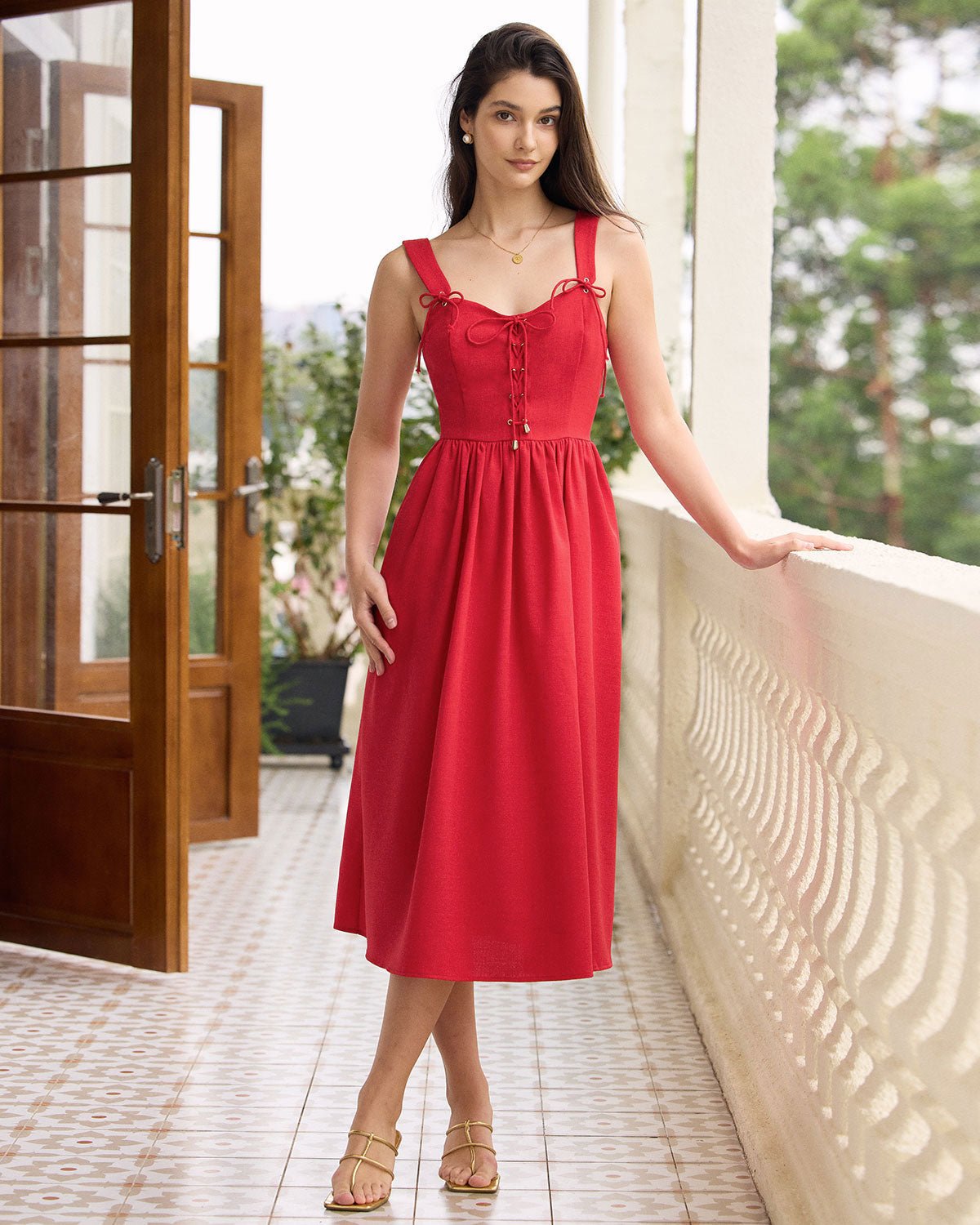 The Red Sweetheart Neck Criss Cross Ruched Midi Dress