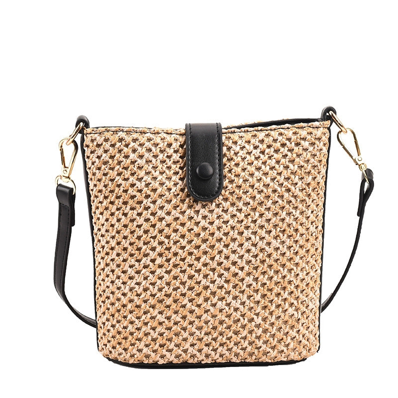 Women's Medium Straw Solid Color Vacation Beach Weave Bucket Lock Clasp Straw Bag