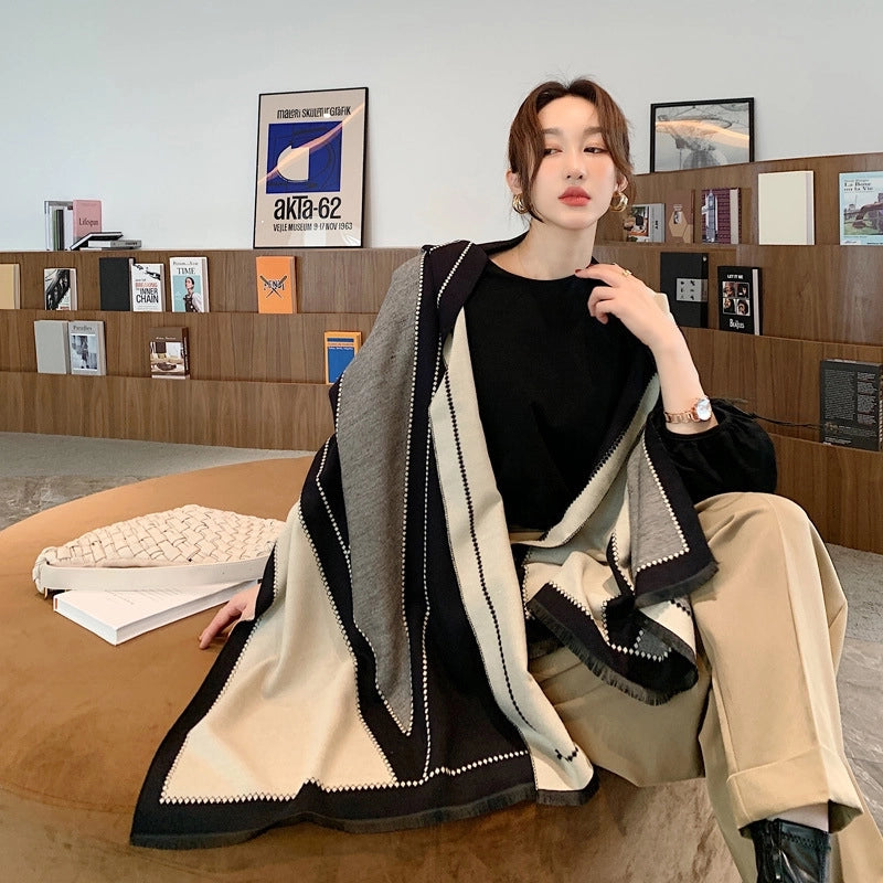 New Large V-Shaped Warm Thickened Double-Sided Cashmere Scarf Women's Office Air Conditioning Shawl Scarf